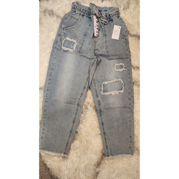 Frayed Denim - FRAYED Women's Super Rise Crop Utility Jeans Distressed Frayed Hem Tie Waist